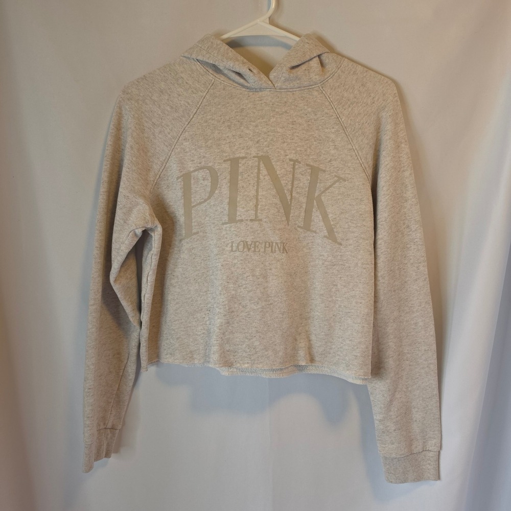 PINK Victoria's Secret Cropped Hoodie Small Oatmeal Heather Athleisure Oversized